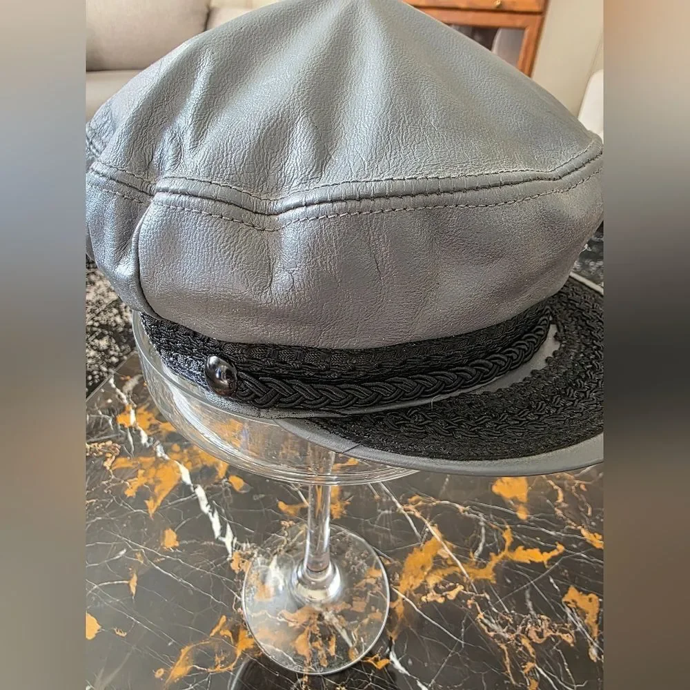 Vtg Gray Leather Fiddler Greek Fisherman Sailor Newsboy Driver Cap M - Picture 2 of 14